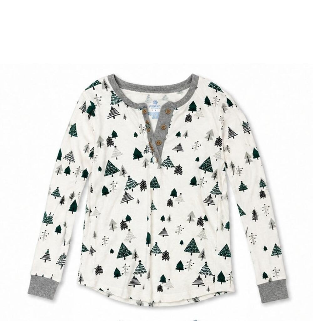 Honest Baby Organic Cotton Christmas Tree Henley Pajama Top White Green S